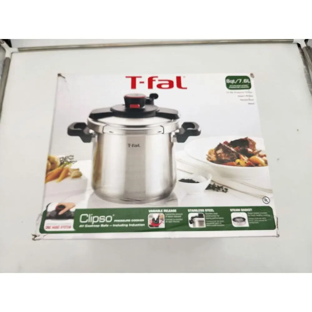 T-Fal Pressure Coooker 8 QT Stainless Steel Clipso One Hand System Steam Basket